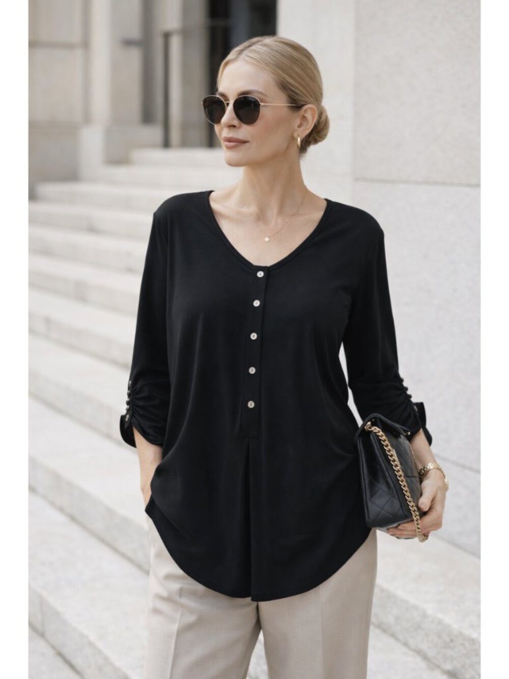 Sympli Tunic Top Size 16 Black Button Front Long‎ Sleeve Ruched Cuffs